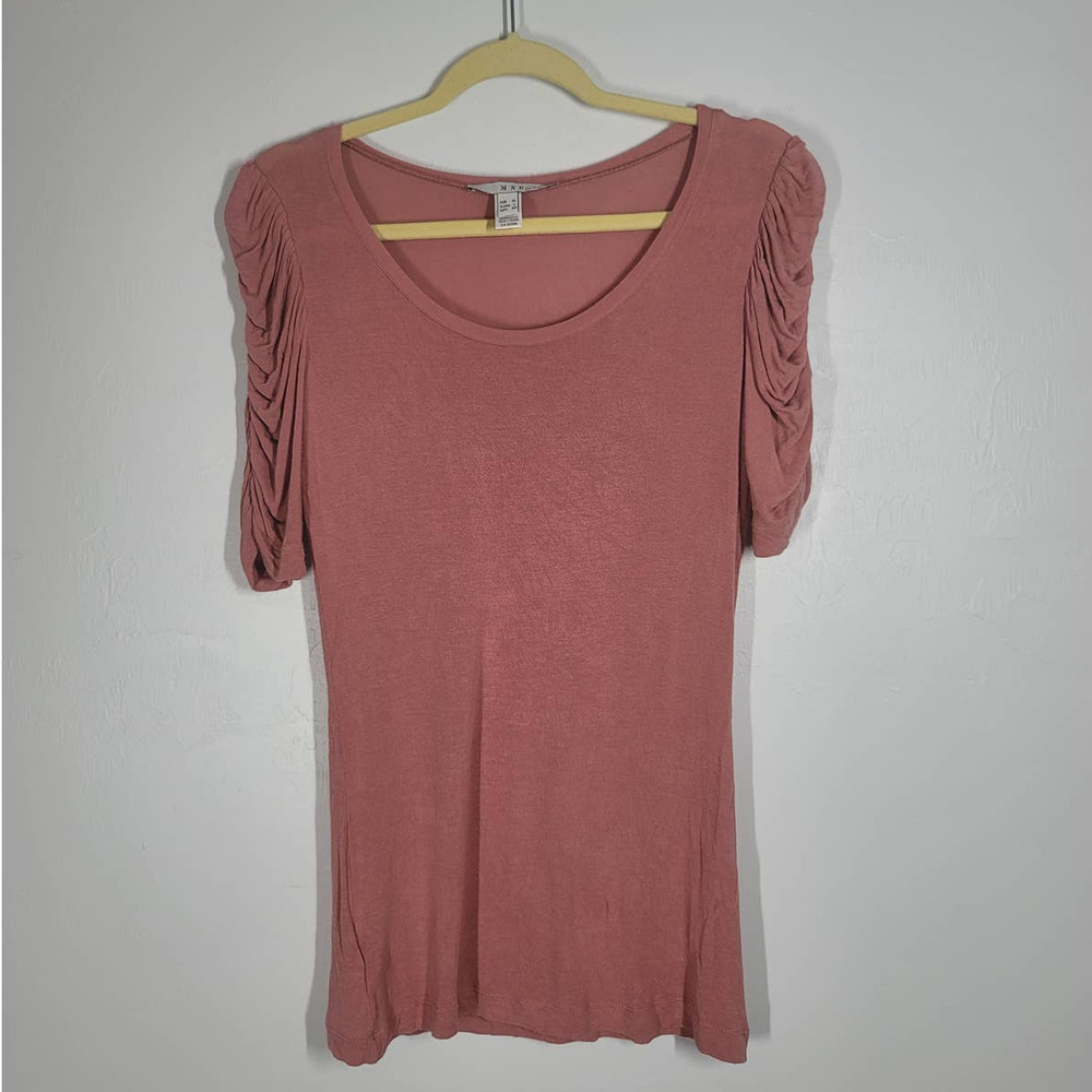MNG By Mango Top Size XL Scoop Neck Cinched Short Sleeve Stretch Blouse Pink
